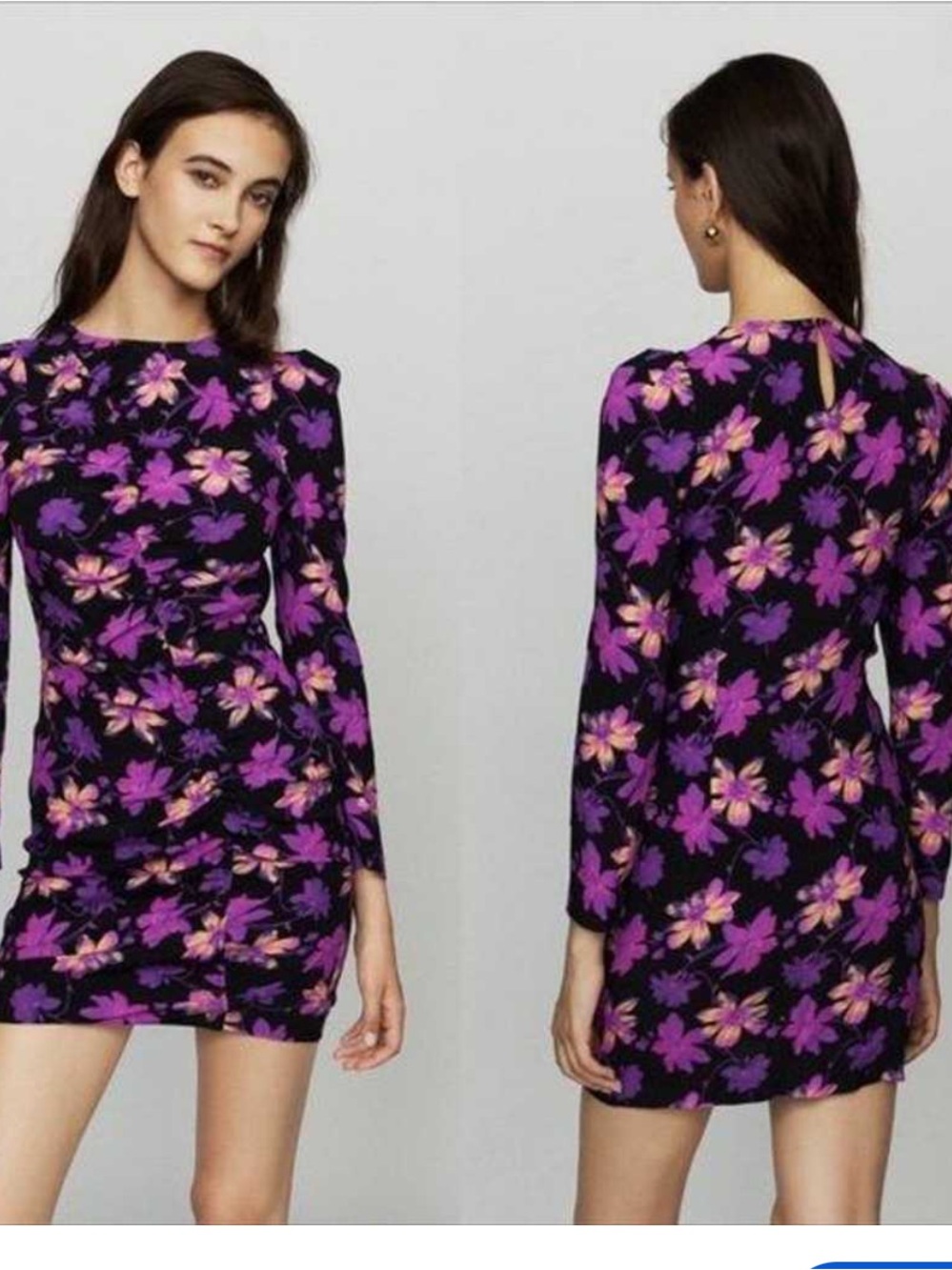 Maje Black Floral Ruched Long-Sleeve mini Dress, size S
